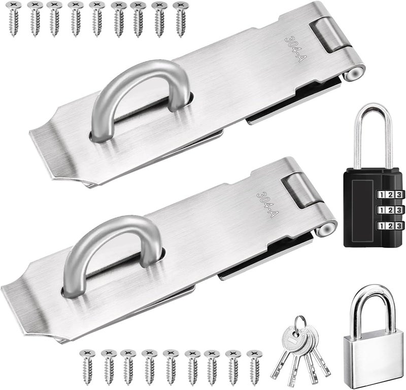 Sunxeke 5 Inch Door Locks Hasp Latch 2 Pack,304 Stainless Steel Safety Padlock Clasp Hasp Lock Latch with Combo Lock & Padlock,Heavy Duty Gate Latch Lock with Screws - Image 1